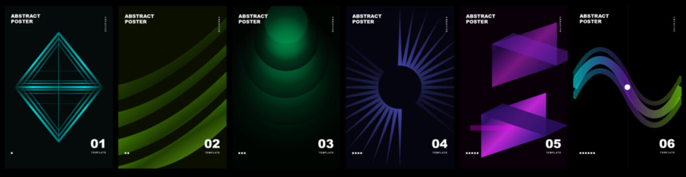Set of abstract posters with geometric shapes and gradient lines, modern minimal design for flyer, banner, or cover