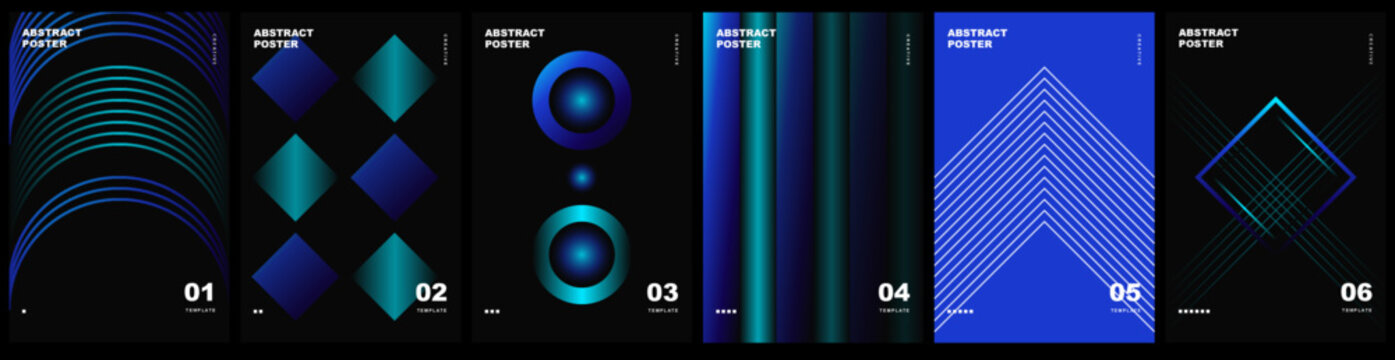 Set of abstract posters with geometric shapes, gradient lines, circles, and squares in blue and teal colors
