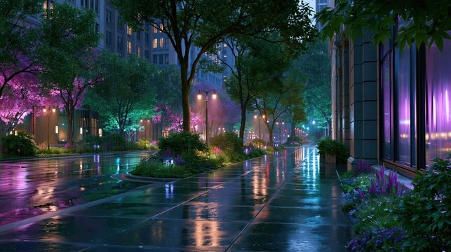 Colorful street scene at night with reflections on wet pavement and illuminated trees in a city environment