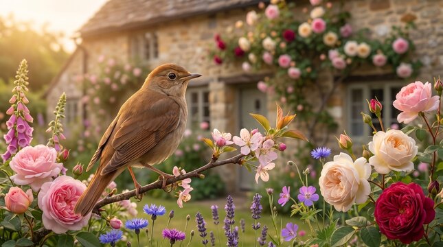 Rustic Charm and Song: A delicate songbird perches on a blooming branch amidst a vibrant cottage garden, bathed in the soft, golden light of dawn.