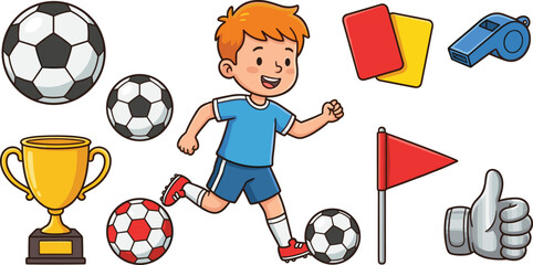 Cute Cartoon Soccer Boy Character Vector Set with Footballs, Golden Trophy, Red Card, Whistle, Corner Flag, and Sports Theme Design Elements © MST