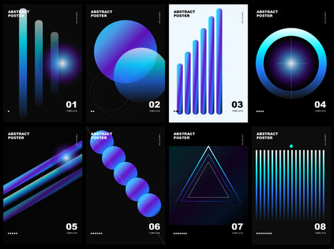 Set of 8 abstract posters with blue and cyan gradient geometric shapes, modern minimalist design templates for flyers