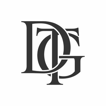 Interlocking serif DTG initials emblem design.