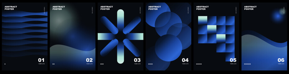 Naklejka premium Abstract poster template set with modern geometric shapes and blue gradient design on dark