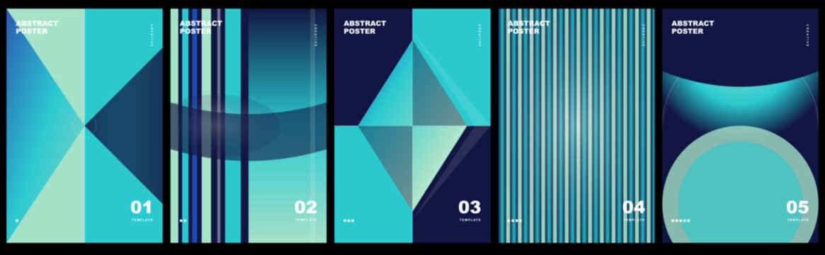 Set of modern abstract geometric posters covers templates with teal blue green gradient minimal vector design