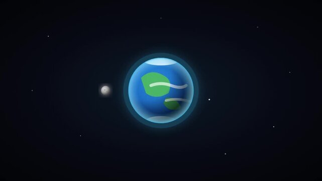 Minimalist vector illustration of Earth and its moon orbiting in dark deep space