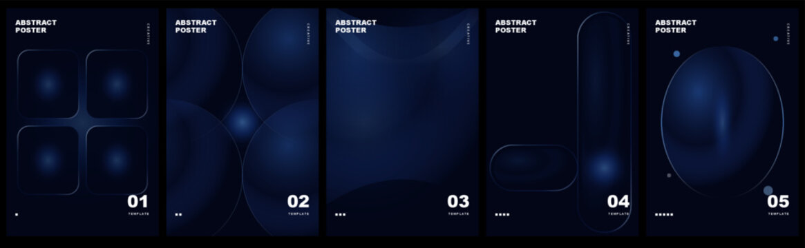 Set of abstract dark blue posters with glowing geometric shapes, futuristic gradient background, modern vector design