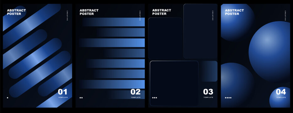 Set of four abstract posters with blue gradient geometric shapes on dark background