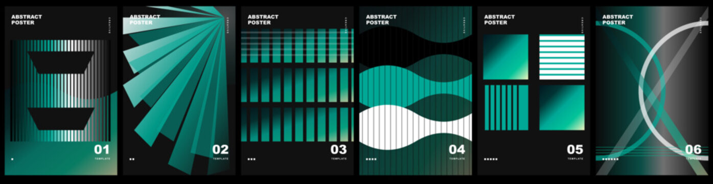 Set of abstract posters with green gradient geometric shapes and lines on for modern design templates
