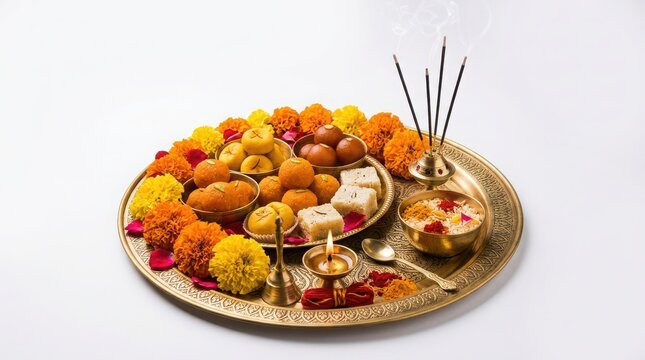 Traditional Indian Puja Thali with Assorted Sweets Diya Lamp Burning Incense Sticks Marigold Flowers Kumkum Akshata for Festival Rituals Isolated on Clean White Studio Background Stock Photo