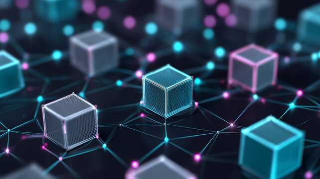 Connected digital cubes across a network represent blockchain infrastructure decentralized data exchange and distributed computing.
