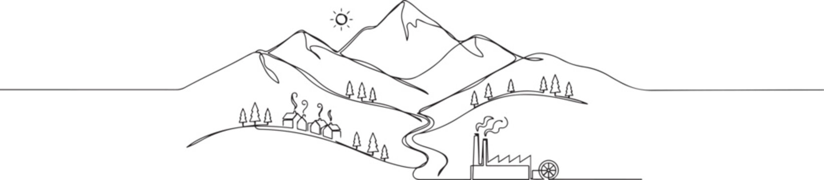 Simple line drawing of settlements and traditional factories in mountains. Vector illustration of settlements or houses, factories and mountains. One Line Art Icon Drawing Vector