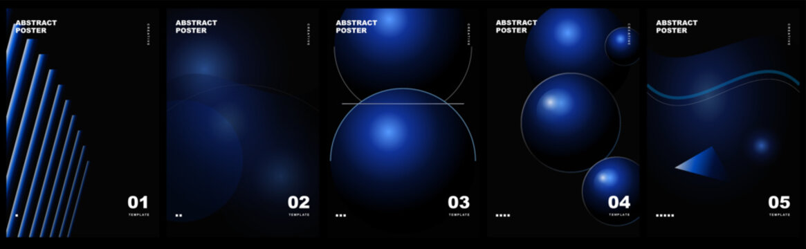 Set of abstract posters with blue glowing gradient shapes, geometric lines and circles on a dark