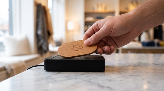 Contactless payment with wooden keycard, hand holding NFC wood token over reader, retail checkout counter concept