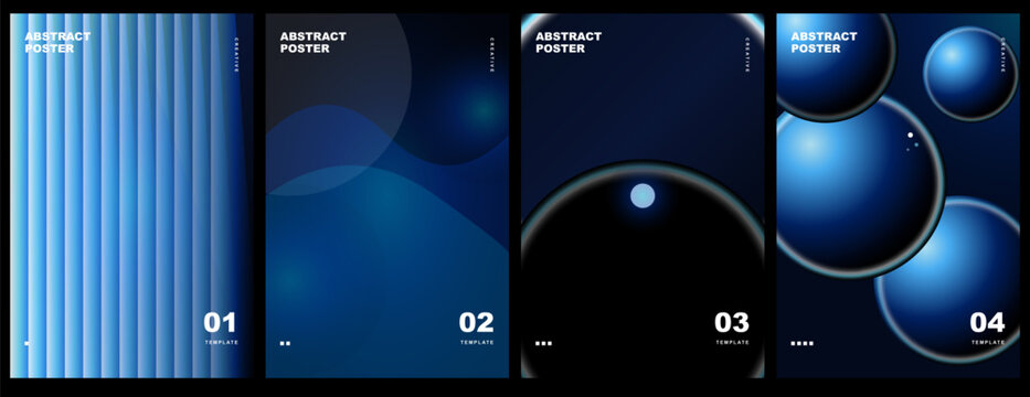 Set of four abstract posters with blue gradient shapes, vertical lines, and 3d spheres on dark background
