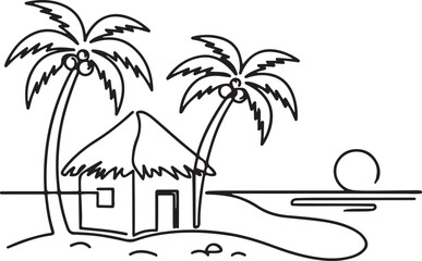Obraz premium Continuous One Line Drawing of Tropical Coastal Hut with Coconut Trees Landscape Vector Illustration. One line art icon