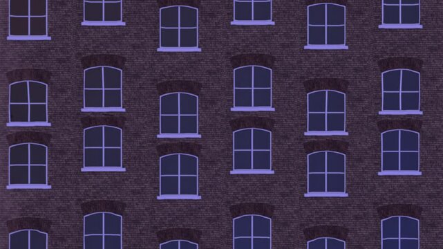 Seamless brick building facade with repeating windows moving in an alternating vertical loop. Realistic architectural 3D animation ideal for urban motion graphics, architectural visualizations