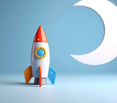 Cohete de juguete y luna de papel, con fondo azul. Concepto de imaginaci&oacute;n infantil, exploraci&oacute;n espacial, sue&ntilde;os, creatividad, aventura y futuro