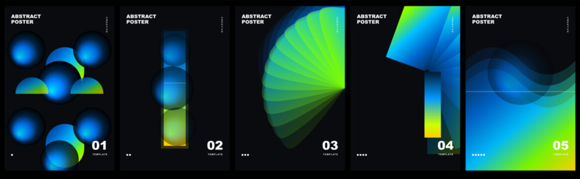 Set of abstract poster templates with vibrant neon green and blue gradient shapes on dark background