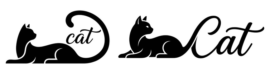 Black cat silhouettes with playful typography and elegant curves on a white background for feline themed designs © MSTSHILPI