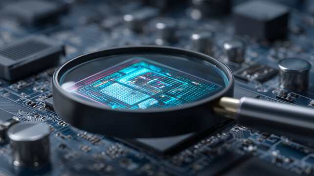 A magnifying glass examining a computer processor represents electronic inspection hardware diagnostics and advanced technology research.
