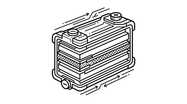 Detailed black and white vector graphic illustration showing an isometric fuel cell component with directional flow arrows for engineering projects