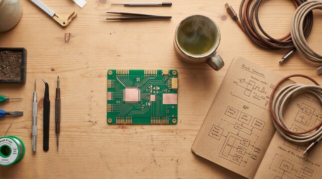 Electronic circuit board on wooden workbench, engineering tools with notebook and cables, flat lay hardware development concept