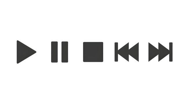 Minimal media player control icon set featuring play, pause, stop, fast forward, and rewind buttons. Clean black vector symbols isolated on white background, suitable for music players, video streamin