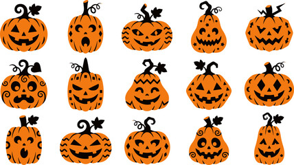 Fototapeta premium Set of various spooky jack o lantern faces for a festive halloween vector design collection