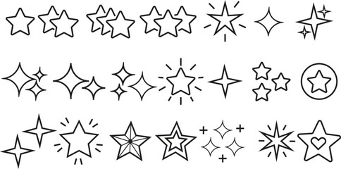 Fototapeta premium Star and sparkle outline icons set, vector starburst, glint, and twinkling line art collection isolated on white background