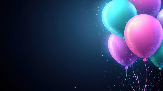 confetti balloon neon Glowing neon balloons and confetti against a dark background, futuristic and vibrant party scene.
