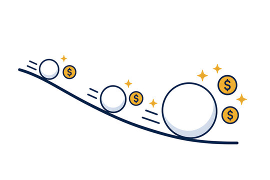 Compound interest snowball rolling and growing, flat vector illustration