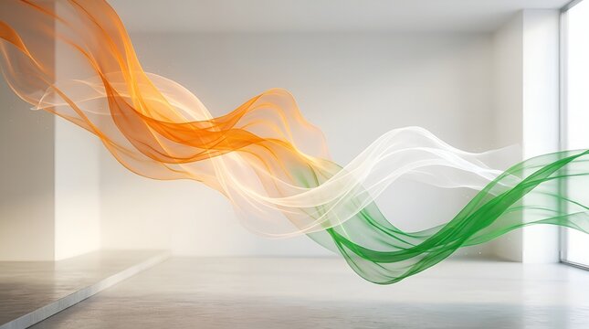 Abstract Flowing Silk Fabric in Indian National Flag Colors in Minimalist White Interior Background