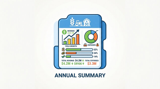 Agricultural financial report icon. Farm business data analysis and annual summary chart.