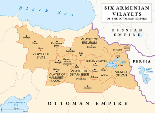 Six Armenian Vilayets of the Ottoman Empire, history map with borders, capitals and largest settlements. The Six Provinces, main Armenian-populated vilayets, compromising most of West Armenia. Vector