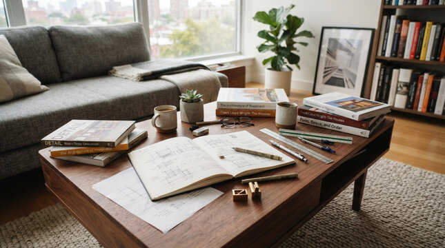 Architect drafting on a wooden table. Designer sketching in a notebook in a modern apartment.