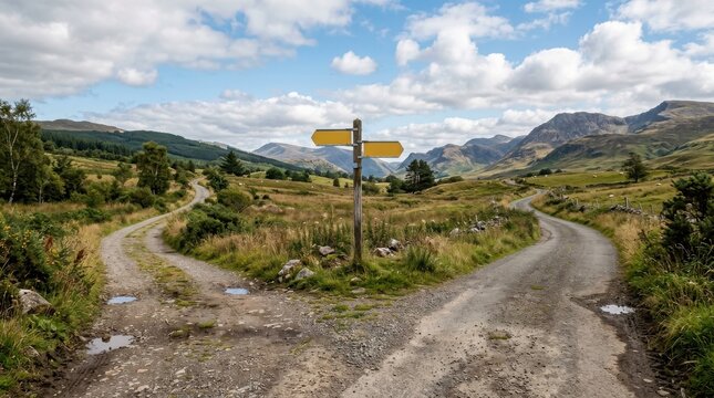 Fork in the road with blank signpost in countryside, decision making and choices concept