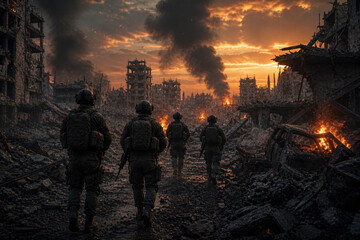 Obraz premium Soldiers Walking Through Destroyed War-Torn City at Sunset