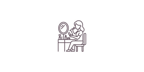 Fototapeta premium A woman sitting at a vanity table applying makeup with a mirror.
