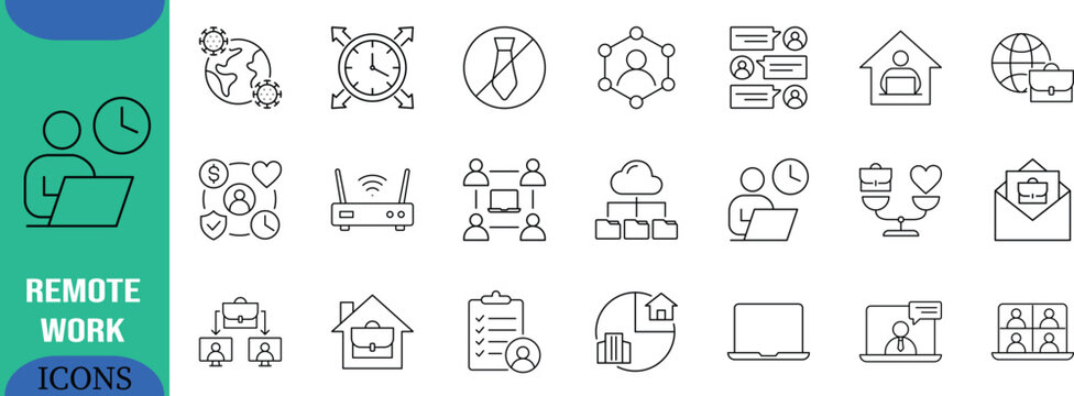 Remote work global business icons. laptop icon set, home icon set, briefcase icon set