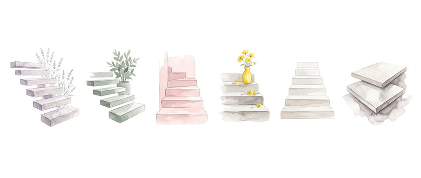 Watercolor stairs set podium illustration for product display, pastel architectural steps background collection featuring minimalist aesthetic, potted plants, lavender, yellow flowers isolated.
