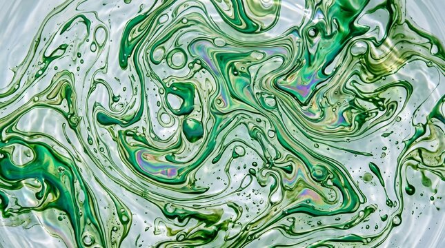 Swirling emerald green fluid creates mesmerizing abstract patterns with iridescent highlights and delicate bubble-like formations, evoking a sense of fluid dynamics and organic art.