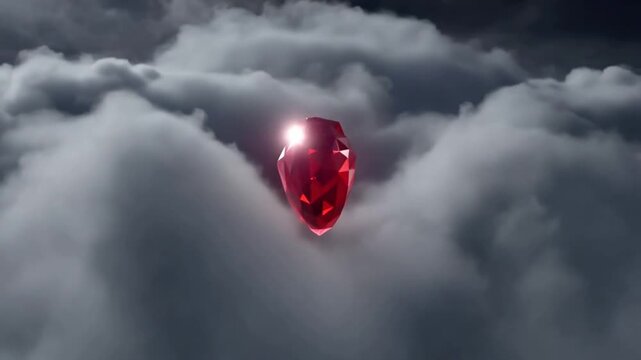 A Radiant Red Gemstone Floating Mysteriously Amidst Dramatic Clouds.