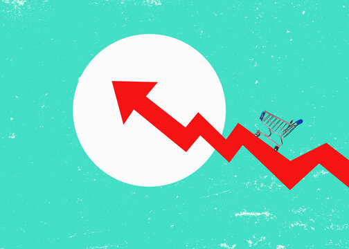 Shopping cart with rising arrow graphic. Symbolize rising consumer prices. Commerce trend chart.