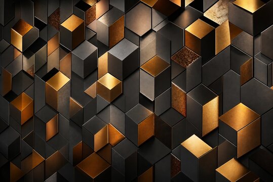 Geometric Cubes Pattern With Metallic Gold And Dark Gray Tones