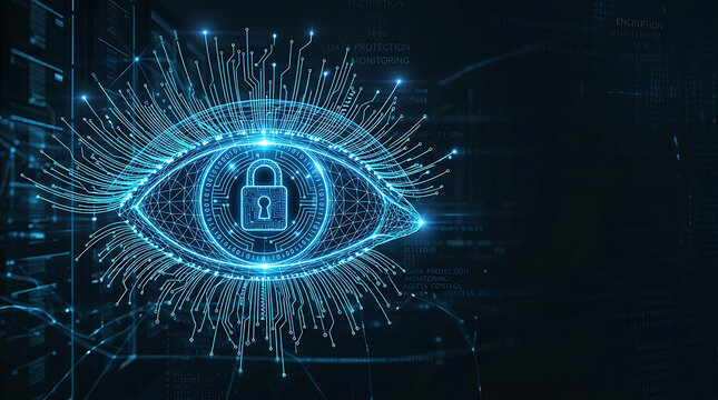 Digital eye with lock icon representing cybersecurity and data privacy