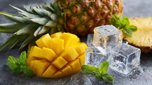 A vibrant close-up showcases a juicy pineapple, refreshing mango chunks, ice cubes, and sprigs of mint, creating a tropical summer fruit delight