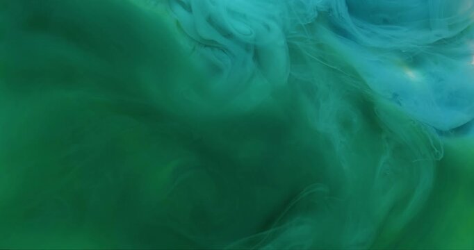 Fume explosion. Steam flow. Blue green mist emulsion twist stream hypnotic liquid blend. Dissolve ink pigment fluid abstract color background.