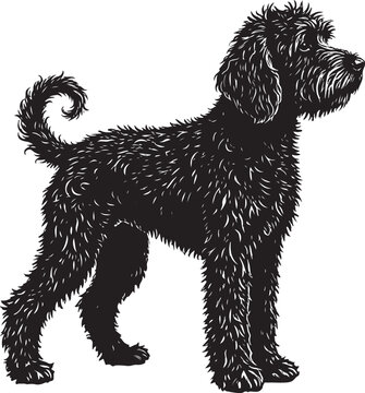 Black shaggy doodle dog standing side view silhouette illustration vintage