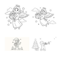 Naklejka premium Cute hand drawn christmas characters including angel elf and gingerbread man